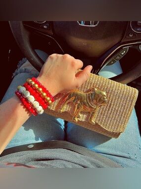 Lisi Lerch Woven Straw Clutch with Gold Bulldog Accent